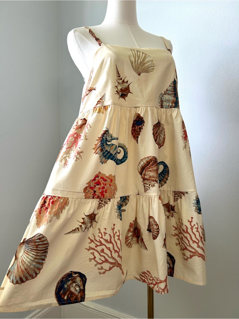 Vici Cream Sea Life Strappy Tiered Babydoll Mini Dress Womens S
